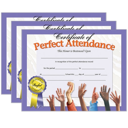 Hayes Certificate of Perfect Attendance, 30 Per Pack, PK3, Material: Paper VA613